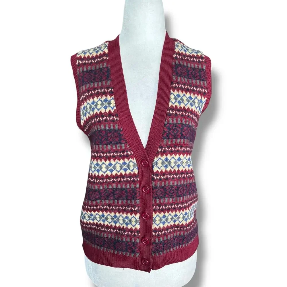 Vintage Talbots Fair Isle Wool Sweater Vest Burgundy Button Front Petite Preppy‎